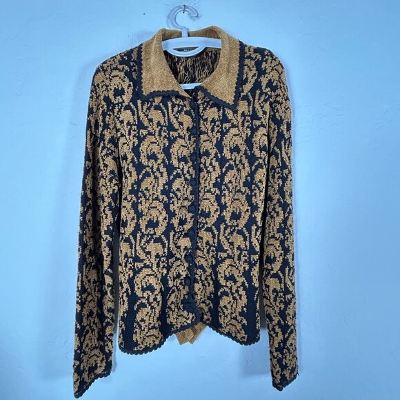Vintage J. Peterman Women Brown Chenille Brocade Black Knit Cardigan Belted Back - Picture 1 of 7